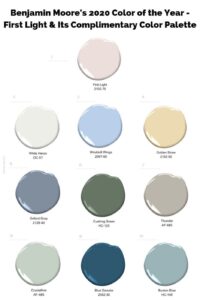 Benjamin Moore 2020 Color of the Year, First Light, shown with its complementary palette of paint color swatches