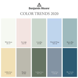 Benjamin Moore Color Trends 2020 palette card with ten paint colors, including First Light