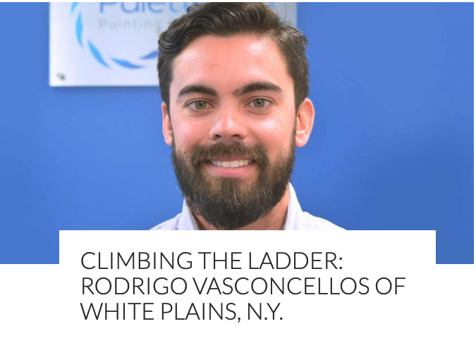 Climbing the Ladder magazine feature headline with a portrait of a smiling bearded man in front of a Palette Pro sign