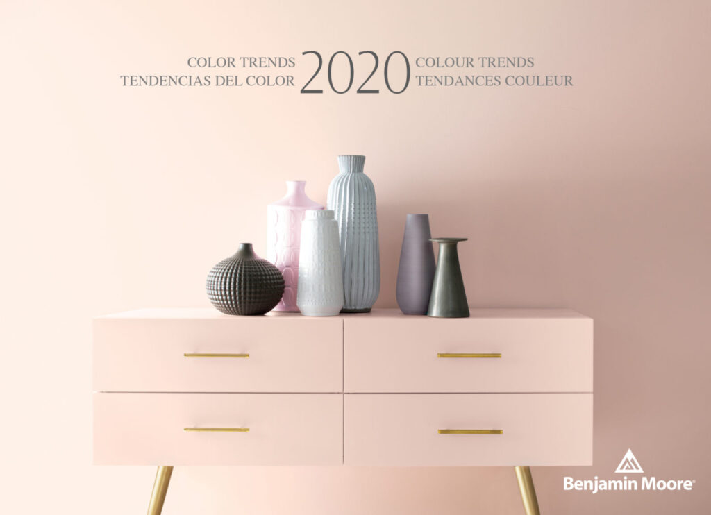 Benjamin Moore Color Trends 2020 cover with a pale pink credenza and ceramic vases against a pink wall