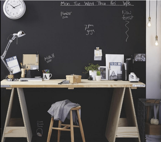 Chalkboard painted wall with handwritten weekly notes behind a sawhorse desk, a wooden stool and a silver desk lamp