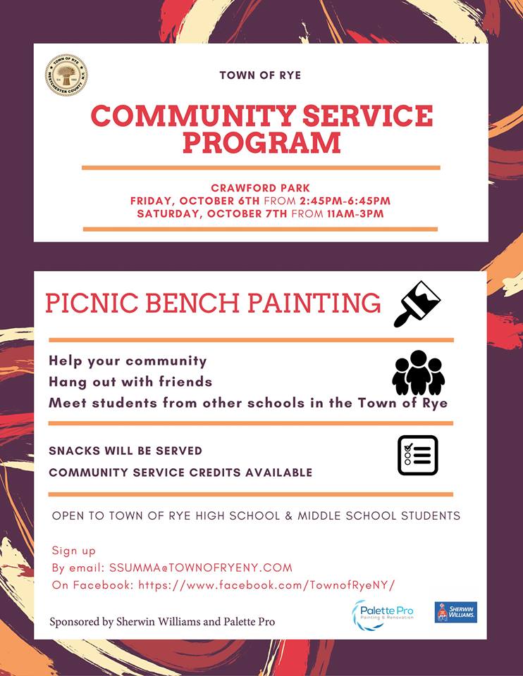 Town of Rye flyer for a student picnic bench painting service event, sponsored by Sherwin-Williams and Palette Pro
