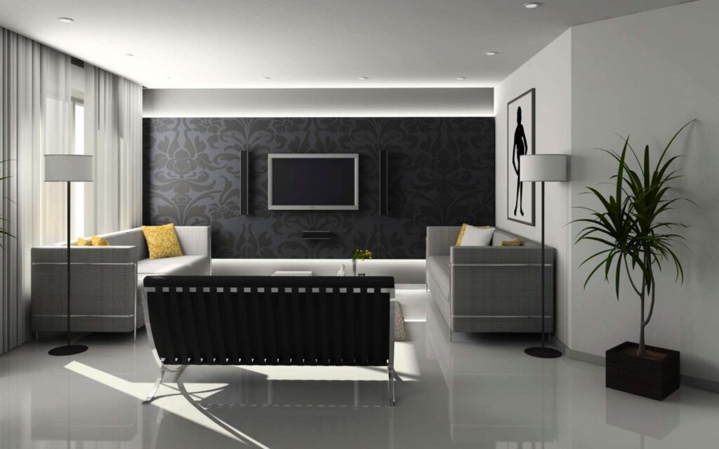 Modern living room with a black patterned wallpaper accent wall, a mounted TV, gray sofas and a glossy white floor