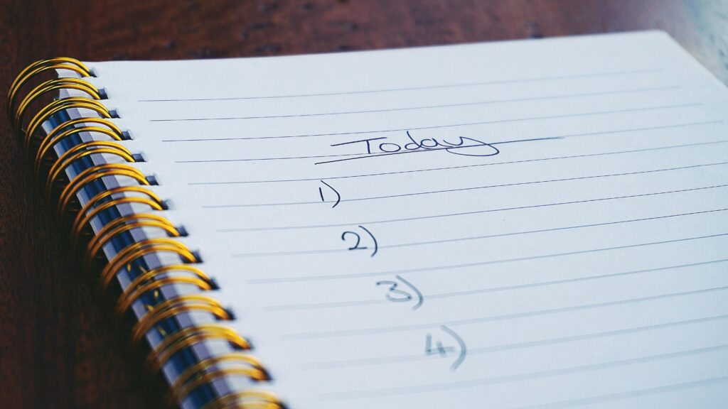 Spiral notebook open to a page headed Today with an empty numbered list from 1 to 4