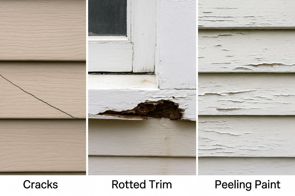Three labeled close-ups of exterior damage: cracked siding, rotted window trim and peeling paint