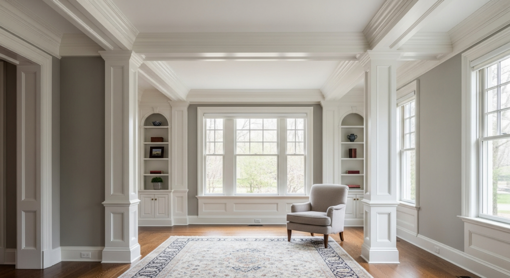 Formal room with gray walls, white columns and crown molding, arched built-in shelves and a large window