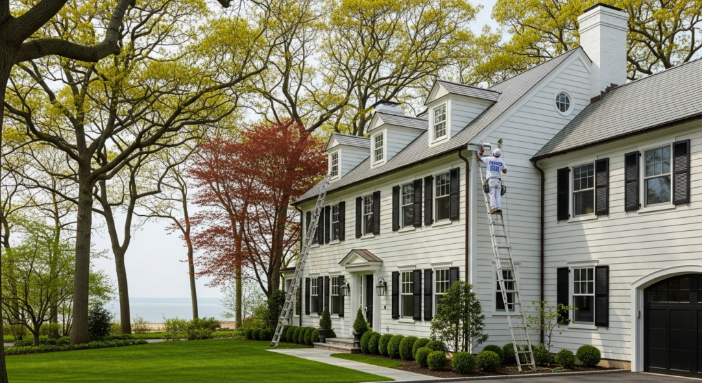 Painter on a ladder working on a white colonial house with black shutters, surrounded by trees and a lawn