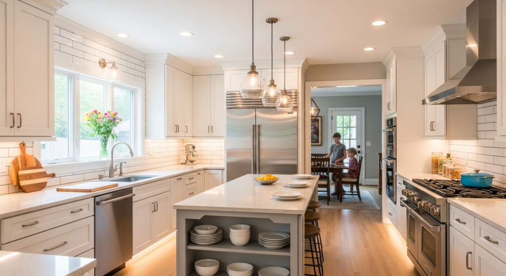 White kitchen with an island with open shelves, glass pendant lights, stainless appliances and subway tile walls