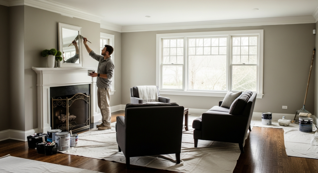 Painter working on a wall beside a white fireplace in a gray living room with furniture and paint supplies