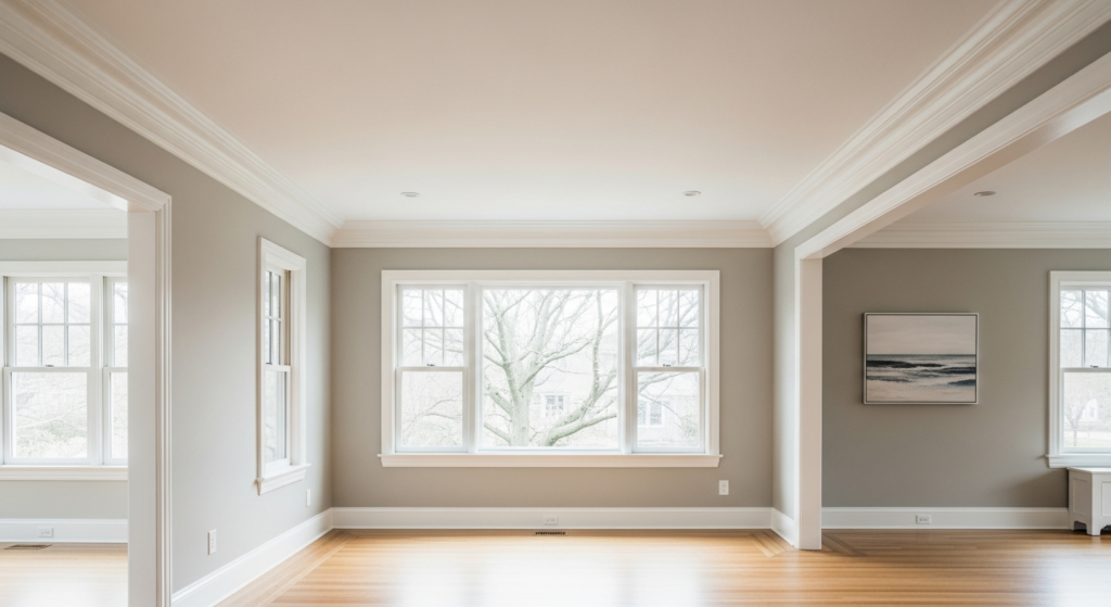 Empty room with greige walls, white crown molding and trim, wide windows and light hardwood floors