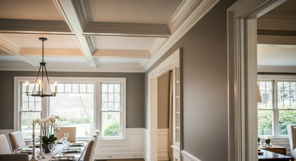 Dining room with a white coffered ceiling, gray walls, white wainscoting, a lantern chandelier and a set table