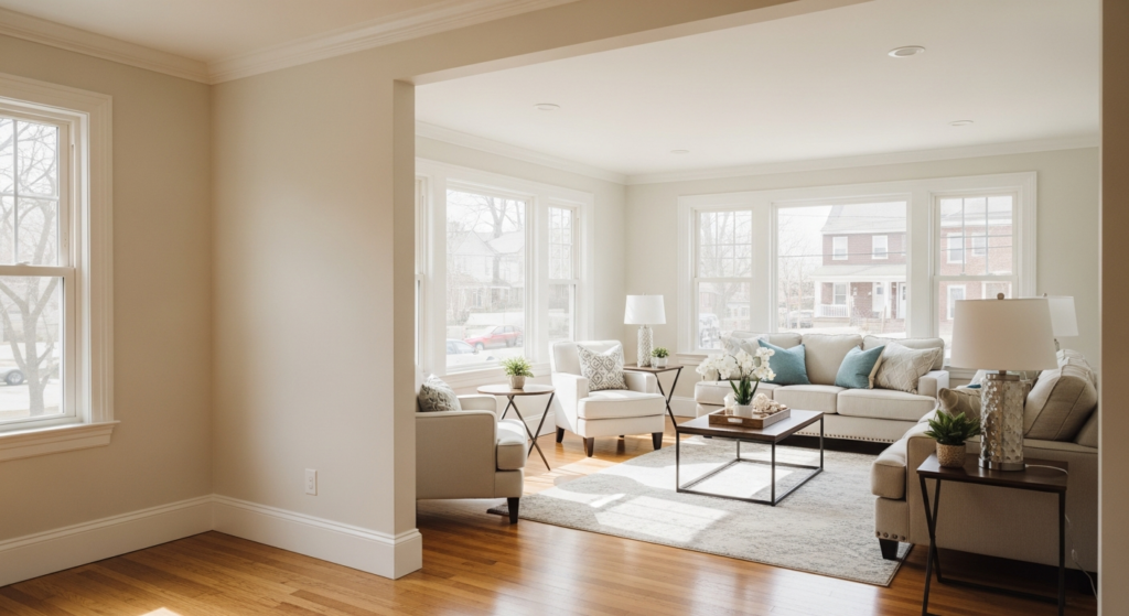 Living room with beige walls, white trim, a wide cased opening, a cream sofa with blue pillows and wood floors