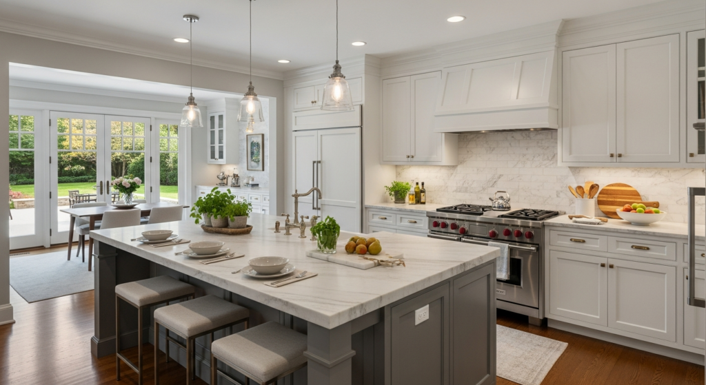White kitchen with a gray island, marble-look top, bar stools, pendant lights and glass doors to a patio