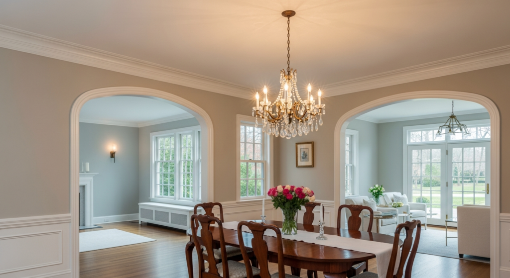 Dining room with gray-blue walls, white trim, arched doorways, a crystal chandelier and a dark wood table