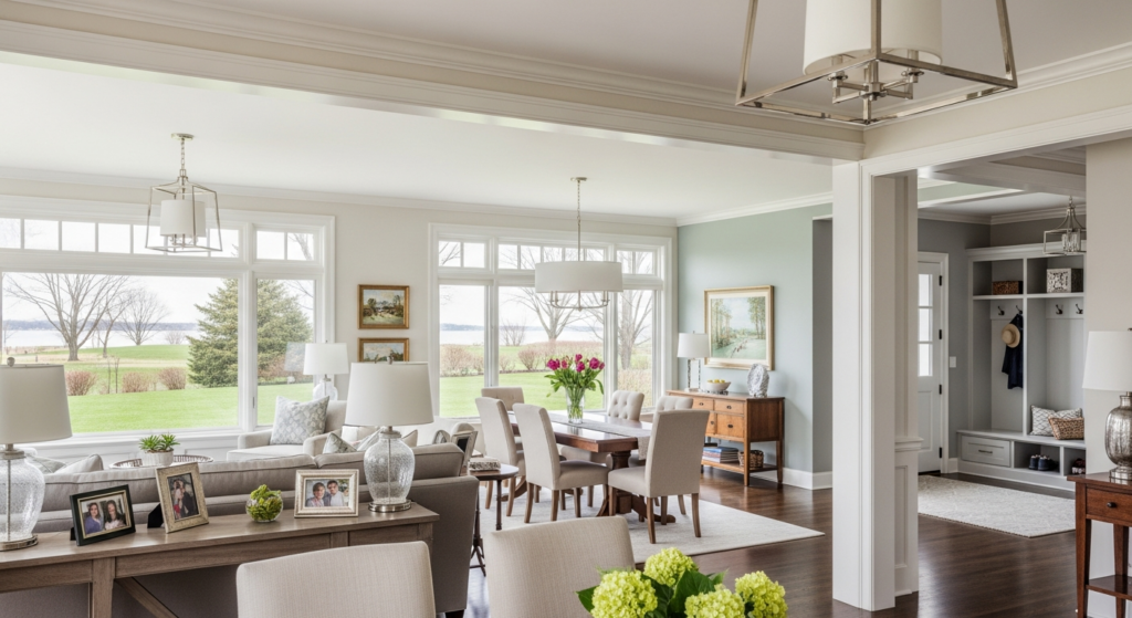 Open living and dining room with white walls and trim, large windows facing the water and lantern pendant lights