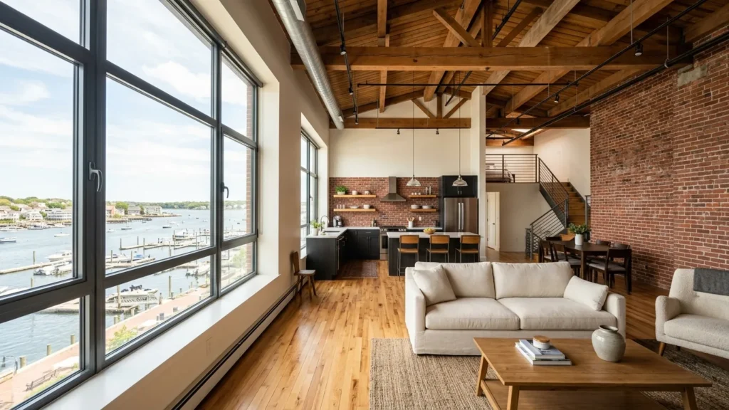 Converted loft interior in South Norwalk, CT painted warm white, with exposed brick and industrial ceiling