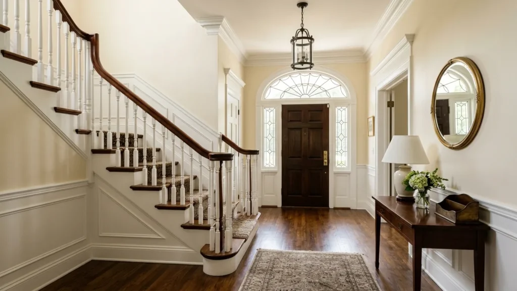 Entry hall of a 1920s Georgian Revival home in Pelham, NY with cream plaster walls and white crown molding